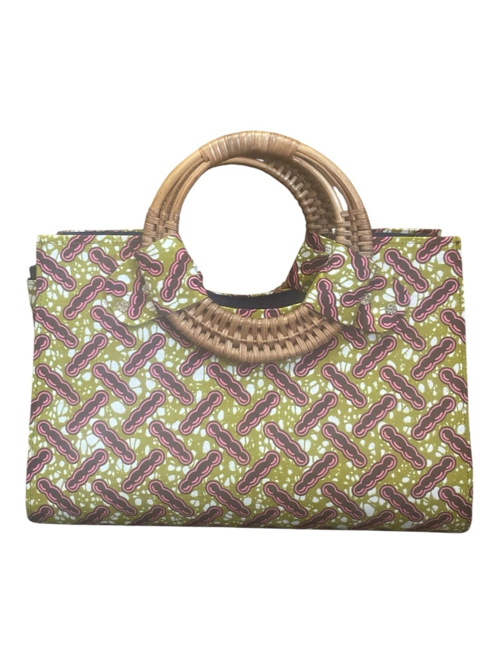 Womens African Fabric Waxed Tote Bag Bamboo Top Handle Lightweight Summer